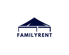 FAMILYRENT-logo met een gestileerd blauw huis boven de tekst, dat Onze klanten voorstelt