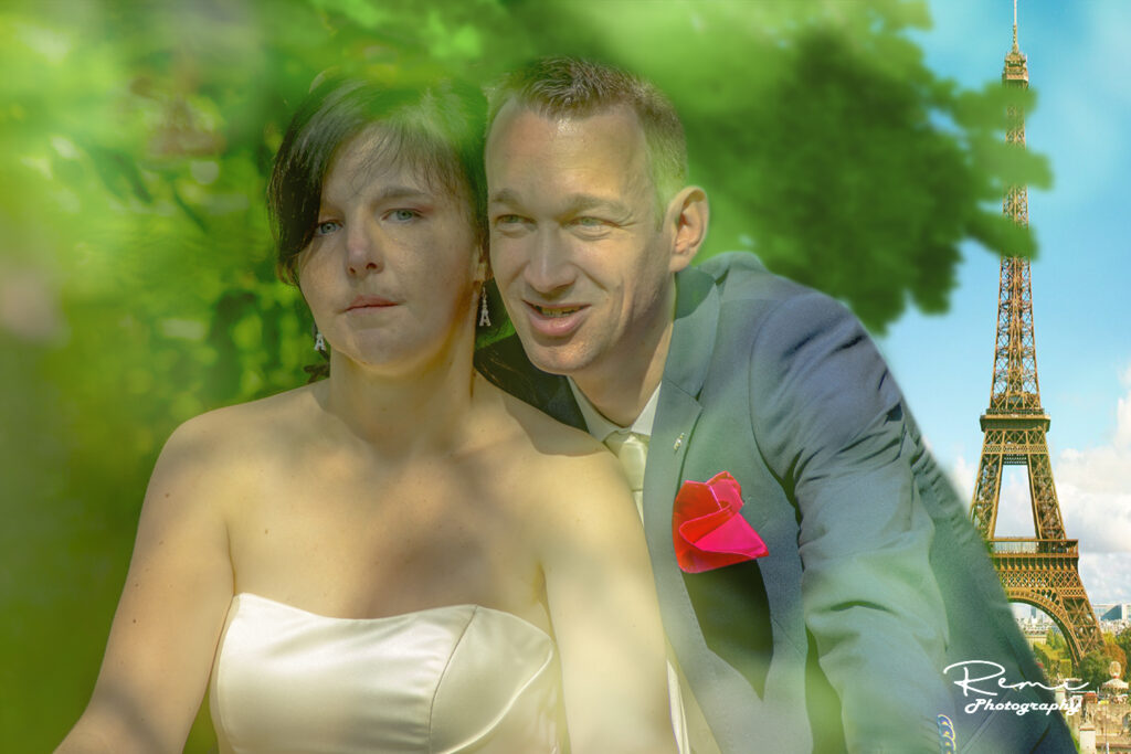 Paar poseren voor trouwfoto in Parijs; huwelijk te Niel