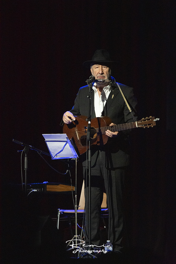 Muzikant op het podium die gitaar en mondharmonica speelt tijdens een livemuziekoptreden.