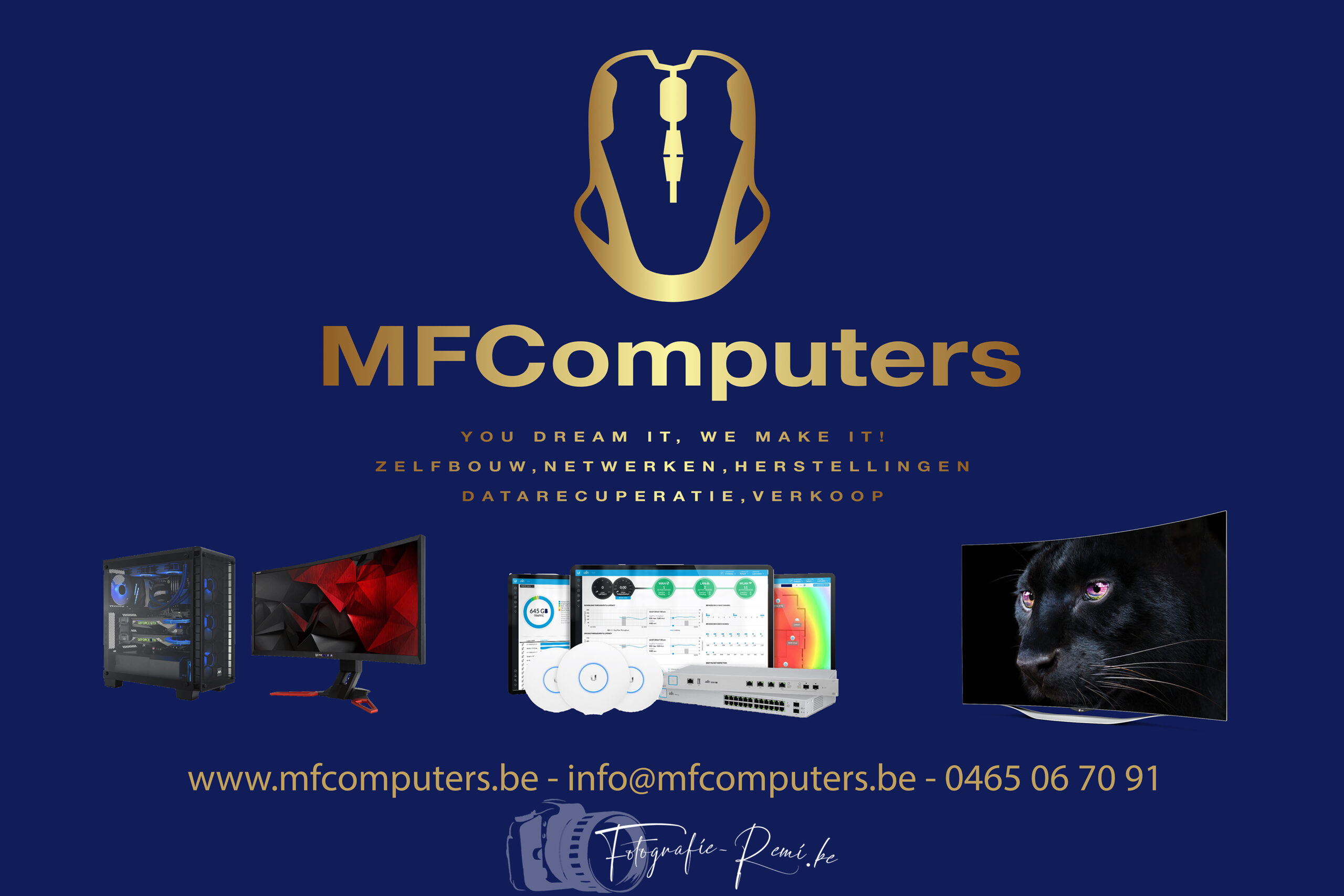 MFComputers-logo met aangepaste pc, monitor en Black Panther. Diensten omvatten computerreparatie, pc-bouw op maat en dataherstel.