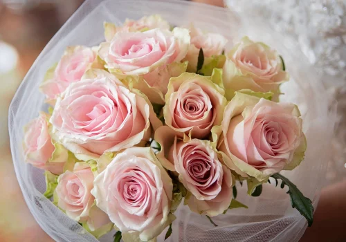 Boeket roze rozen, perfect voor een bruiloft. Huwelijken.